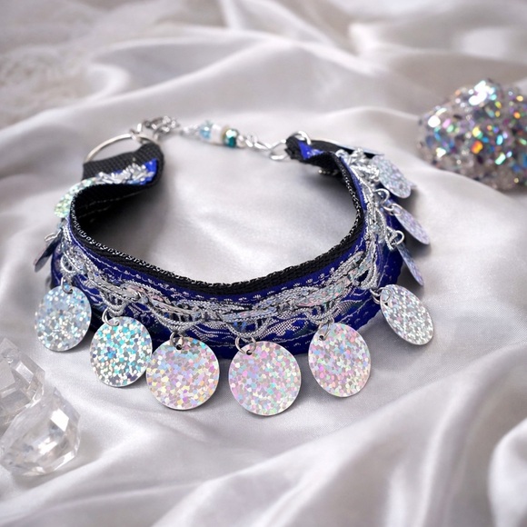 Hand Crafted Jewelry - Festival Choker Necklace Handmade Navy + Silver Iridescent Sequin Coins Signed